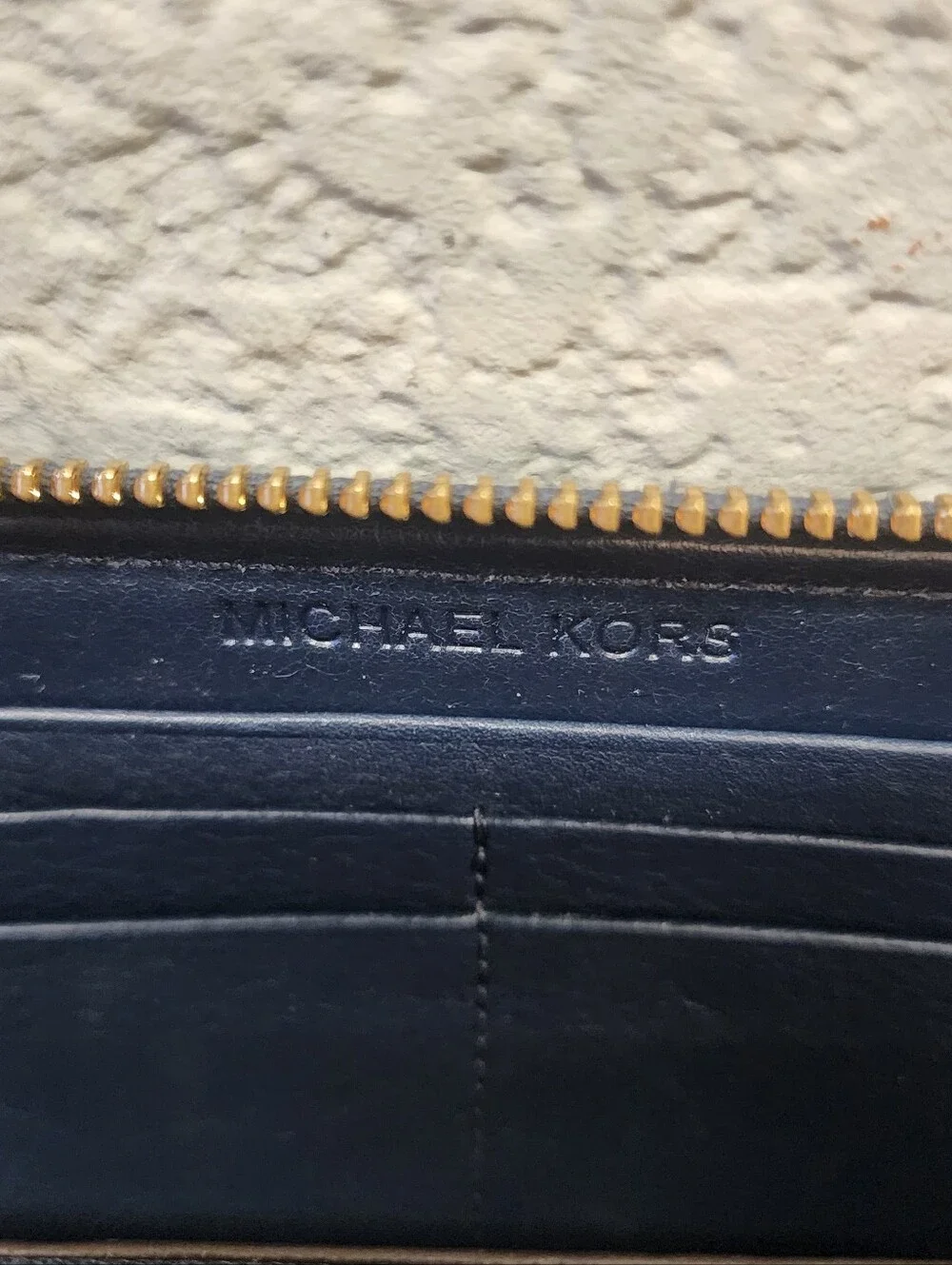 Michael Kors Beige MK Logo Zip Wallet with Navy Trim